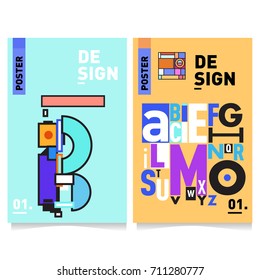 Vector covers design set with retro style. Cool geometric memphis style poster template with alphabets typography. Summer and autumn design template.