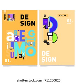 Vector covers design set with retro style. Cool geometric memphis style poster template with alphabets typography. Summer and autumn design template.