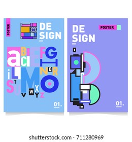 Vector covers design set with retro style. Cool geometric memphis style poster template with alphabets typography. Summer and autumn design template.