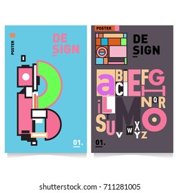Vector covers design set with retro style. Cool geometric memphis style poster template with alphabets typography. Summer and autumn design template.