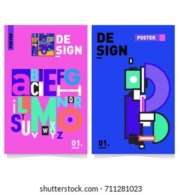 Vector covers design set with retro style. Cool geometric memphis style poster template with alphabets typography. Summer and autumn design template.