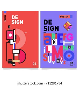 Vector covers design set with retro style. Cool geometric memphis style poster template with alphabets typography. Summer and autumn design template.