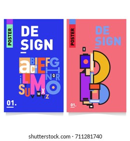 Vector covers design set with retro style. Cool geometric memphis style poster template with alphabets typography. Summer and autumn design template.