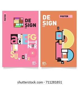 Vector covers design set with retro style. Cool geometric memphis style poster template with alphabets typography. Summer and autumn design template.