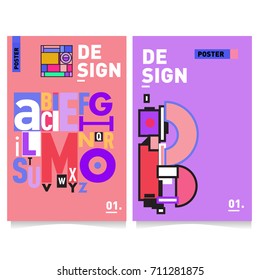 Vector covers design set with retro style. Cool geometric memphis style poster template with alphabets typography. Summer and autumn design template.