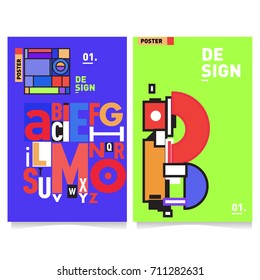 Vector covers design set with retro style. Cool geometric memphis style poster template with alphabets typography. Summer and autumn design template.