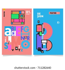 Vector covers design set with retro style. Cool geometric memphis style poster template with alphabets typography. Summer and autumn design template.
