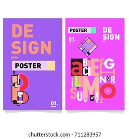 Vector covers design set with retro style. Cool geometric memphis style poster template with alphabets typography. Summer and autumn design template.