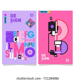 Vector covers design set with retro style. Cool geometric memphis style poster template with alphabets typography. Summer and autumn design template.