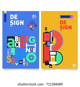 Vector covers design set with retro style. Cool geometric memphis style poster template with alphabets typography. Summer and autumn design template.