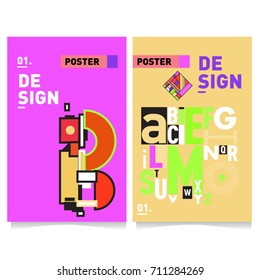 Vector covers design set with retro style. Cool geometric memphis style poster template with alphabets typography. Summer and autumn design template.