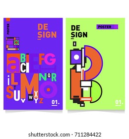 Vector covers design set with retro style. Cool geometric memphis style poster template with alphabets typography. Summer and autumn design template.