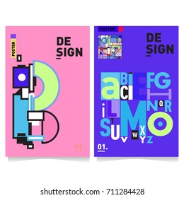 Vector covers design set with retro style. Cool geometric memphis style poster template with alphabets typography. Summer and autumn design template.