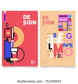 Vector covers design set with retro style. Cool geometric memphis style poster template with alphabets typography. Summer and autumn design template.