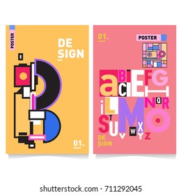 Vector covers design set with retro style. Cool geometric memphis style poster template with alphabets typography. Summer and autumn design template.