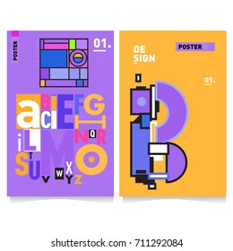 Vector covers design set with retro style. Cool geometric memphis style poster template with alphabets typography. Summer and autumn design template.