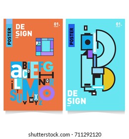 Vector covers design set with retro style. Cool geometric memphis style poster template with alphabets typography. Summer and autumn design template.