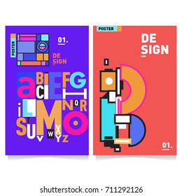 Vector covers design set with retro style. Cool geometric memphis style poster template with alphabets typography. Summer and autumn design template.