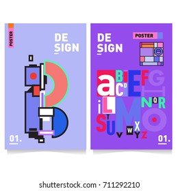 Vector covers design set with retro style. Cool geometric memphis style poster template with alphabets typography. Summer and autumn design template.