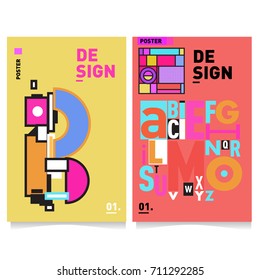 Vector covers design set with retro style. Cool geometric memphis style poster template with alphabets typography. Summer and autumn design template.