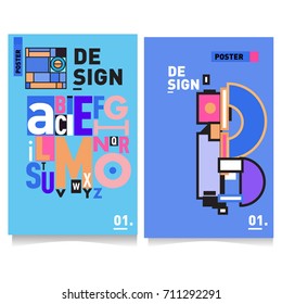 Vector covers design set with retro style. Cool geometric memphis style poster template with alphabets typography. Summer and autumn design template.