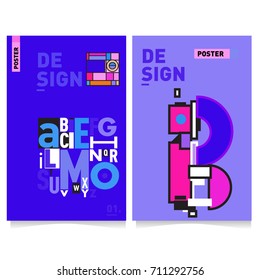 Vector covers design set with retro style. Cool geometric memphis style poster template with alphabets typography. Summer and autumn design template.