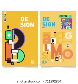 Vector covers design set with retro style. Cool geometric memphis style poster template with alphabets typography. Summer and autumn design template.