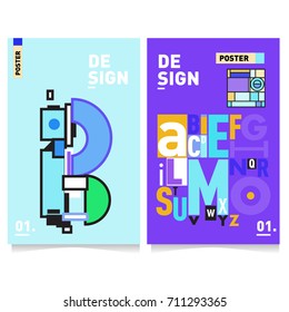 Vector covers design set with retro style. Cool geometric memphis style poster template with alphabets typography. Summer and autumn design template.
