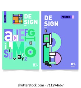 Vector covers design set with retro style. Cool geometric memphis style poster template with alphabets typography. Summer and autumn design template.
