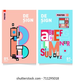 Vector covers design set with retro style. Cool geometric memphis style poster template with alphabets typography. Summer and autumn design template.