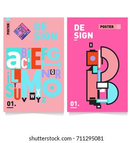Vector covers design set with retro style. Cool geometric memphis style poster template with alphabets typography. Summer and autumn design template.