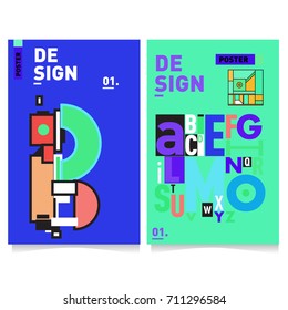 Vector covers design set with retro style. Cool geometric memphis style poster template with alphabets typography. Summer and autumn design template.