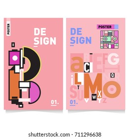 Vector covers design set with retro style. Cool geometric memphis style poster template with alphabets typography. Summer and autumn design template.