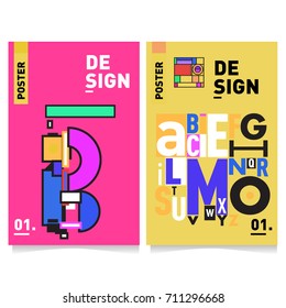 Vector covers design set with retro style. Cool geometric memphis style poster template with alphabets typography. Summer and autumn design template.