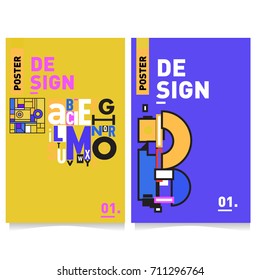 Vector covers design set with retro style. Cool geometric memphis style poster template with alphabets typography. Summer and autumn design template.
