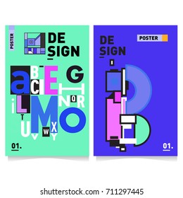 Vector covers design set with retro style. Cool geometric memphis style poster template with alphabets typography. Summer and autumn design template.