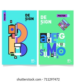 Vector covers design set with retro style. Cool geometric memphis style poster template with alphabets typography. Summer and autumn design template.