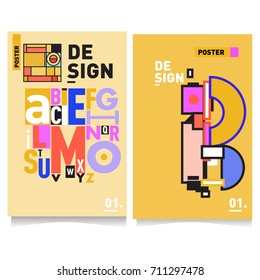 Vector covers design set with retro style. Cool geometric memphis style poster template with alphabets typography. Summer and autumn design template.