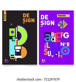 Vector covers design set with retro style. Cool geometric memphis style poster template with alphabets typography. Summer and autumn design template.