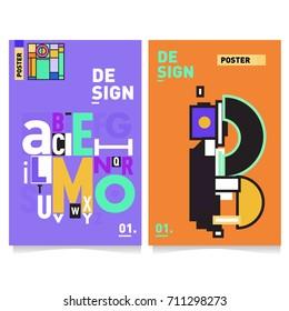 Vector covers design set with retro style. Cool geometric memphis style poster template with alphabets typography. Summer and autumn design template.