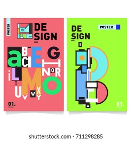 Vector covers design set with retro style. Cool geometric memphis style poster template with alphabets typography. Summer and autumn design template.