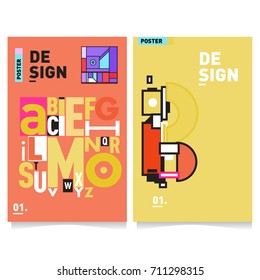 Vector covers design set with retro style. Cool geometric memphis style poster template with alphabets typography. Summer and autumn design template.