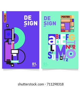 Vector covers design set with retro style. Cool geometric memphis style poster template with alphabets typography. Summer and autumn design template.