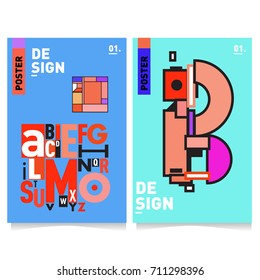 Vector covers design set with retro style. Cool geometric memphis style poster template with alphabets typography. Summer and autumn design template.