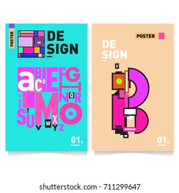 Vector covers design set with retro style. Cool geometric memphis style poster template with alphabets typography. Summer and autumn design template.