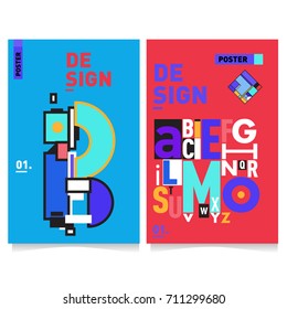Vector covers design set with retro style. Cool geometric memphis style poster template with alphabets typography. Summer and autumn design template.