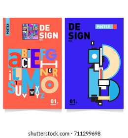 Vector covers design set with retro style. Cool geometric memphis style poster template with alphabets typography. Summer and autumn design template.