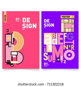 Vector covers design set with retro style. Cool geometric memphis style poster template with alphabets typography. Summer and autumn design template.