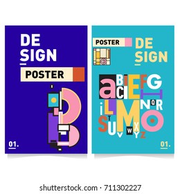 Vector covers design set with retro style. Cool geometric memphis style poster template with alphabets typography. Summer and autumn design template.