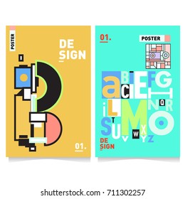 Vector covers design set with retro style. Cool geometric memphis style poster template with alphabets typography. Summer and autumn design template.